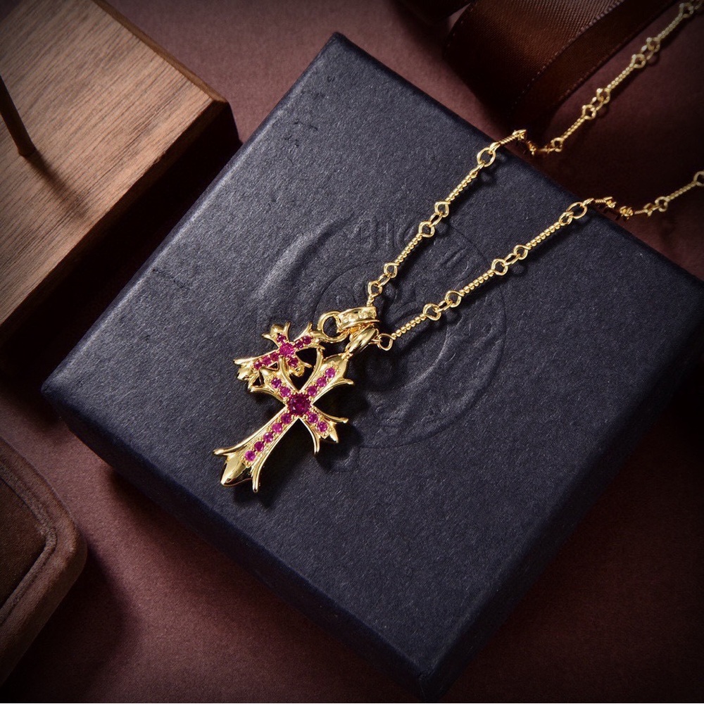 Chrome Hearts Pink Gemstone Tiny Cross Necklace Gold Tone Adjustable Chain
